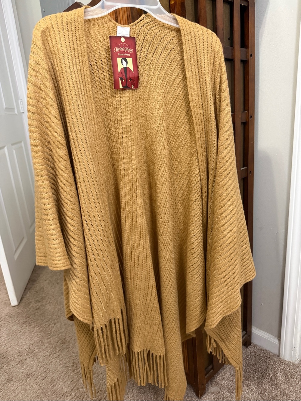 Faded Glory Mustard Knit Fringe Open Poncho